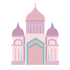  minimalist pink mosque illustration with a dome and turrets, symbolizing Islamic culture and spirituality in a simple, vibrant design.

