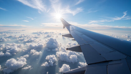 Obraz premium Airplane Wing Above Clouds with Bright Sunlight for Travel Blogs, Adventure Websites, Aviation Content, Scenic Views, and Travel Inspiration 
