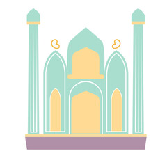  Flat pastel illustration of a green and yellow mosque with domes and crescent moons, ideal for Eid and Ramadan celebrations.
