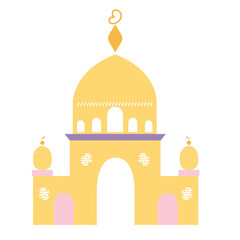 A yellow mosque with a dome and arches, symbolizing Islamic architecture. Perfect for use in cultural, religious, or spiritual projects.