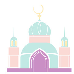 A minimalist pastel-colored mosque illustration with a dome and turrets, representing Islamic architecture and spirituality in a soft, simple design.


