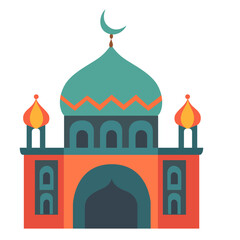 A colorful minimalist mosque illustration with a dome and turrets, representing Islamic architecture and spirituality in a simple, vibrant design.

