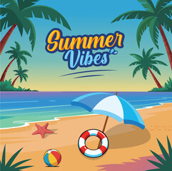 "Tropical Summer Beach Vibes Illustration. Umbrella, Lifebuoy and Palm Trees Vector Background."