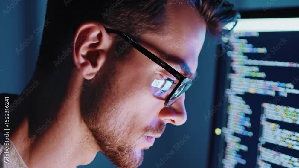 Poster Young man with glasses coding at computer in modern workspace, technology at night, intense concentration, blue light reflecting