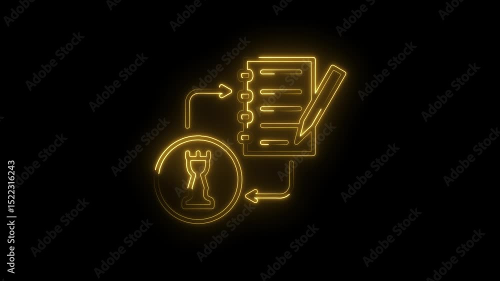 Poster neon icon animation of strategy planning and implementation process with black background