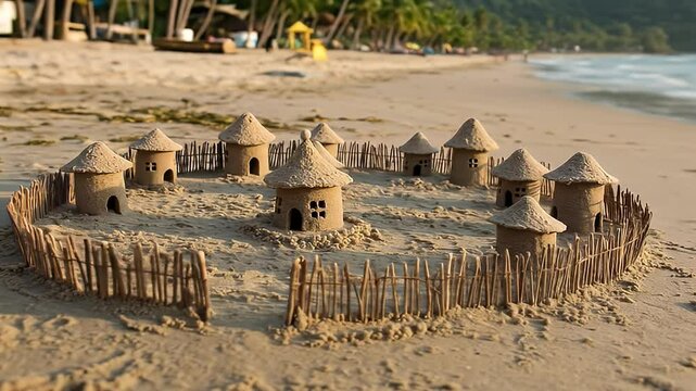 Sandcastle Village on Sunny Beach with Blue Ocean and Green Trees Background Featuring Small Sand Towers and Miniature Wooden Stick Fence in Daylight