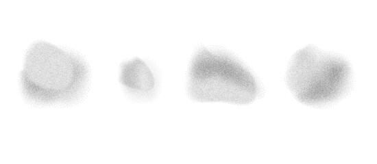 Abstract gritty dots spots set. Circular dynamic stippling grunge figures isolated on transparent background. Charcoal liquid uneven brutalist forms. Vector black and white gradient illustration.