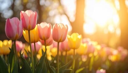 Sunset Tulips Field: A breathtaking view of vibrant tulips bathed in the warm golden light of the setting sun.  The colors are rich and saturated, creating a serene and peaceful atmosphere.