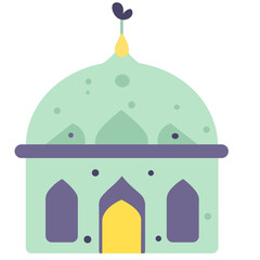A minimalist green mosque illustration with a dome and turrets, representing Islamic architecture and spirituality in a simple design.