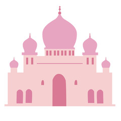 A pastel pink minimalist mosque illustration with a dome and turrets, symbolizing Islamic culture and spirituality with a soft, elegant design.