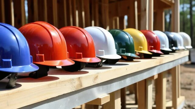 Colorful Hard Hats in Construction: A row of vibrant hard hats, each a different color, rests neatly on a wooden beam at a construction site.