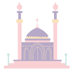 A minimalist pastel illustration of a mosque with a dome and turrets, symbolizing Islamic architecture and spirituality with a clean, simple design.

