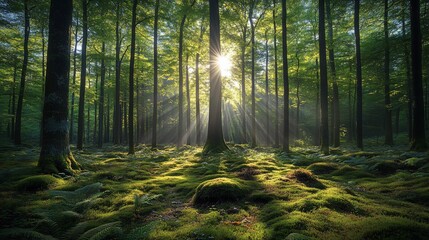 Obraz premium Sunlit Forest Glade: A Serene Woodland Scene Bathed in Golden Light