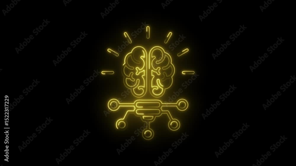Poster glowing neon brain connecting to neural network artificial intelligence concept on black background