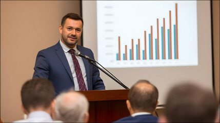 with projection of financial data on screen