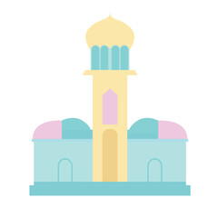 A pastel-colored mosque with a dome and crescent, representing Islamic architecture. Simple and minimal design ideal for religious and spiritual-themed projects.