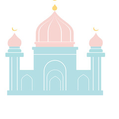 A blue mosque with a dome and crescent moon, perfect for religious, spiritual, and cultural projects. A simple design showcasing Islamic architecture.