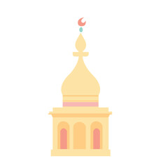 A yellow mosque with a crescent dome, symbolizing Islamic architecture. Simple and minimalistic design, ideal for spiritual, religious, and cultural projects.