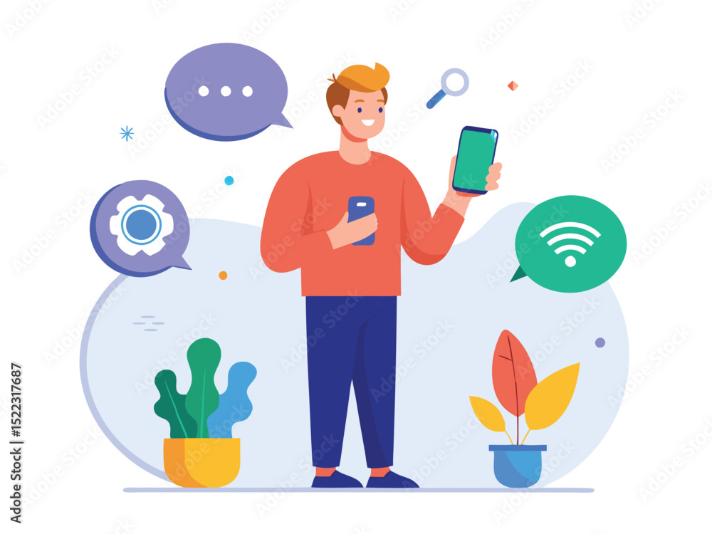 Poster man using mobile app smartphone technology vector design