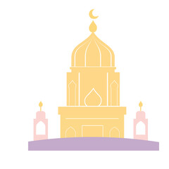 A yellow mosque with a dome and crescent, symbolizing Islamic architecture. Ideal for spiritual, cultural, and religious-themed projects with a minimal design