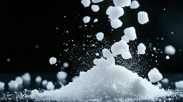 Sugar Crystals Falling on a Pile, White Granules Against Black Background
