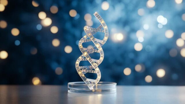 DNA helix model with glowing lights for genetic research and biotechnology presentations