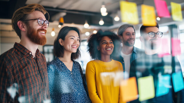 Diverse creative team brainstorming in modern office, smiling and looking at colorful sticky notes on glass board. Concept of teamwork, collaboration, innovation, idea generation, planning.