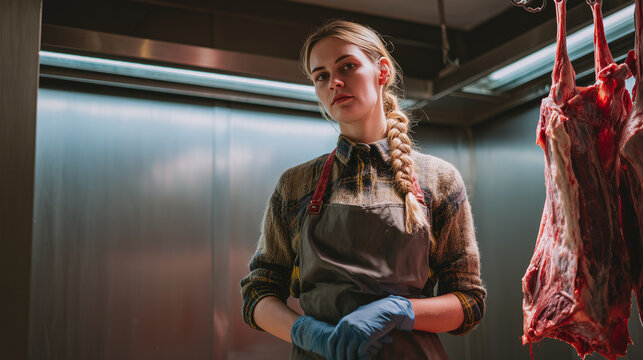Confident young female butcher in apron and gloves standing in meat processing room. Concept of gender equality, women in trades, and strength in traditionally male professions.