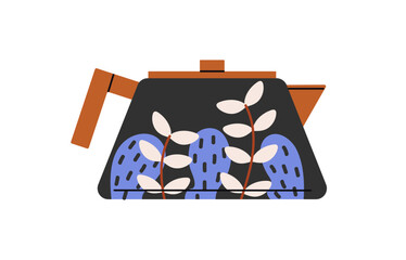 Ceramic teapot with pattern of flowers. Modern kettle to boil water for hot drinks. Infuser tea pot to brew herbs. Brewer for preparing herbal beverages. Flat isolated vector illustration on white