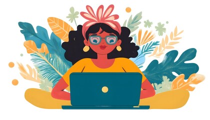 Woman working on a laptop surrounded by tropical foliage.