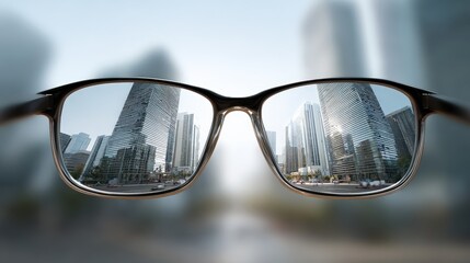 A pair of eyeglasses focuses a clear cityscape of tall buildings while the surroundings appear blurred and out of focus.