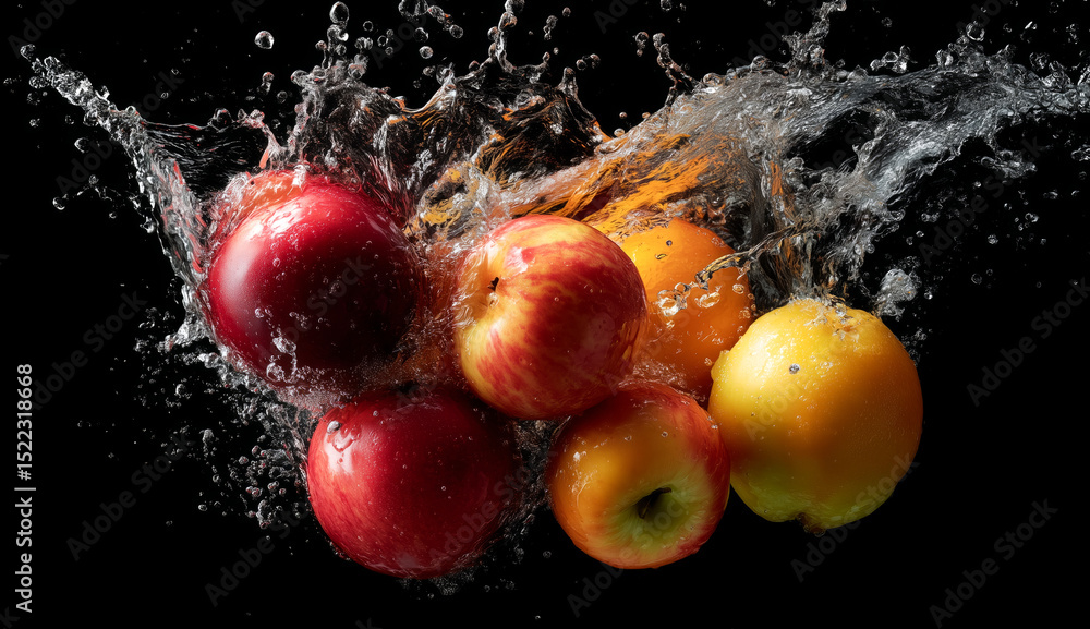 Aufkleber A group of apples in various colors splashes into clear water, creating a dynamic and lively scene.