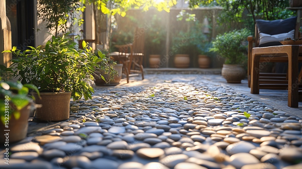 Poster sunlit tranquility: a cobblestone path through a lush and serene garden setting