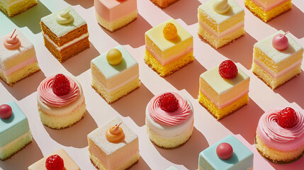 Rows of mini pastel-colored cakes arranged diagonally. International Cake Day.