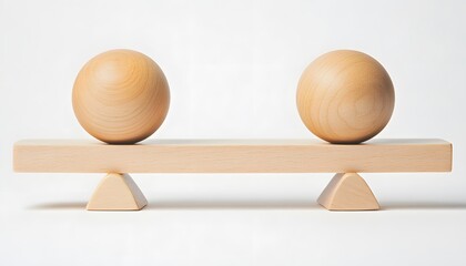 Two wooden spheres balanced on a seesaw.