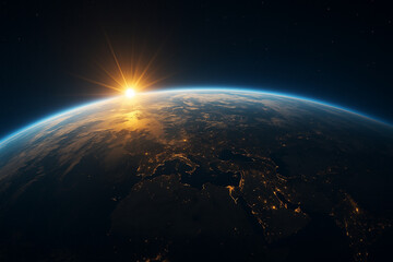 A high-resolution digital image in 8K resolution depicts Earth from space as the sun rises over the horizon. 