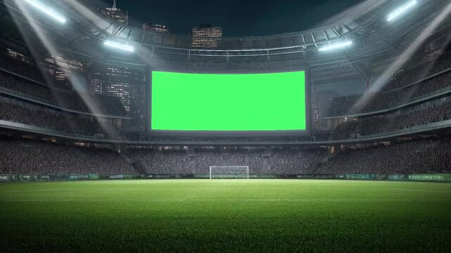 A large green screen scoreboard LED in stands of a crowded soccer arena stadium with light flashes for advertisement seamless looping animation background