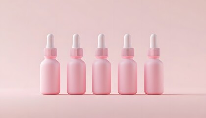 Pink cosmetic dropper bottles arranged in a row on a pale pink background.