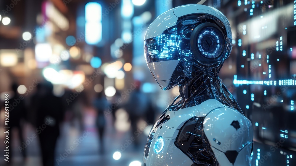 Poster advanced humanoid robot showcasing futuristic design in a high-tech environment during daylight