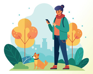 Woman walking dog in park using phone cartoon illustration