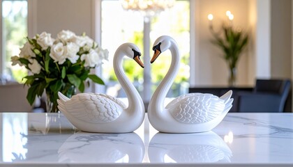 Pair of Elegant White Swans on Marble Surface