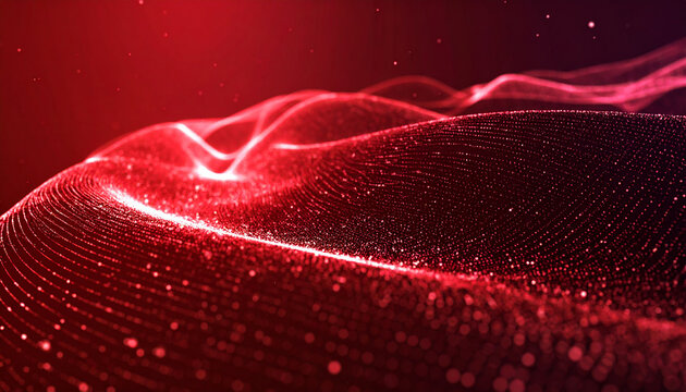 Abstract science fiction scene with glowing particles forming curved lines and surfaces, deep red