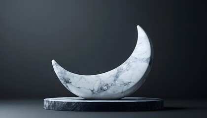 Elegant marble crescent moon sculpture on a dark pedestal.