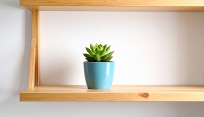 Succulent in a Teal Pot on Wooden Shelves