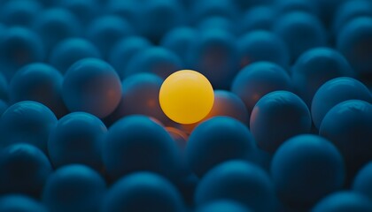 A bright yellow sphere amidst a field of dark blue spheres.