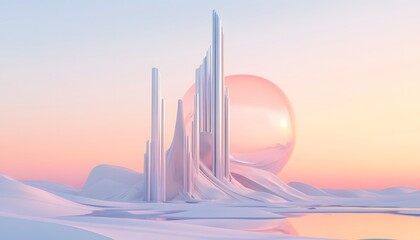 Pastel-toned, futuristic city landscape with a large, reflective sphere.