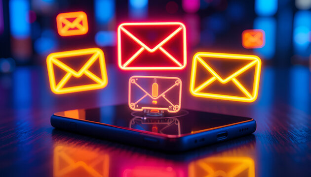 Neon Email Icons Glow Above Smartphone Displaying Digital Communication Technology