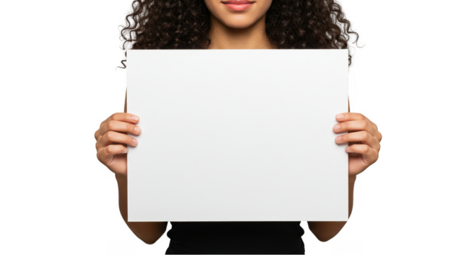 Isolated Image of Woman Holding A Blank White Sign on Transparent