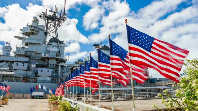 Waving American flags line the USS Missouri battleship in Pearl Harbor, Hawaii, against a backdrop of blue sky and white clouds, honoring a significant historical moment