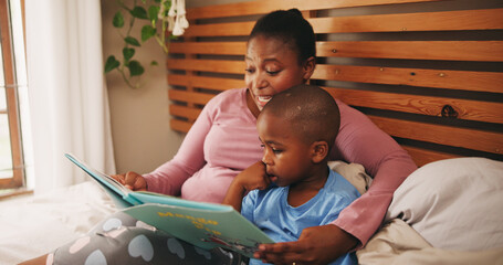 Home, reading book and mother with boy, bedroom and bonding together with knowledge. African...
